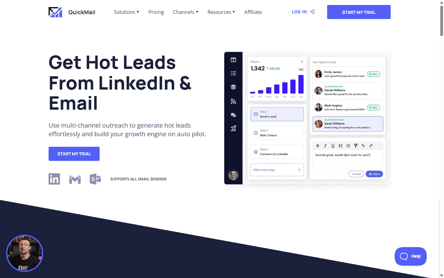 QuickMail homepage advertising LinkedIn and cold email outreach with unlimited senders