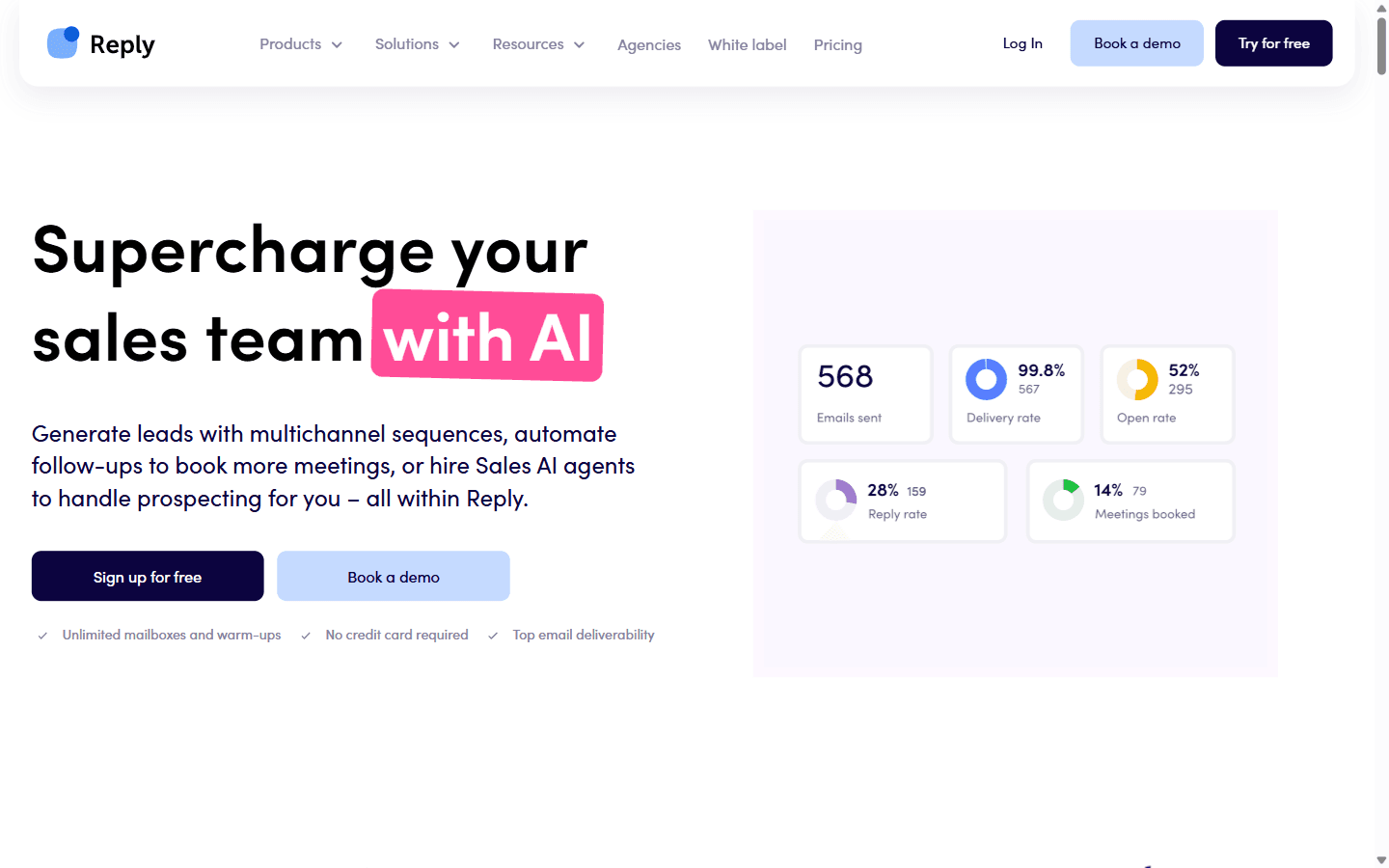 Reply.io homepage positioning the product as an AI sales outreach and cold email platform